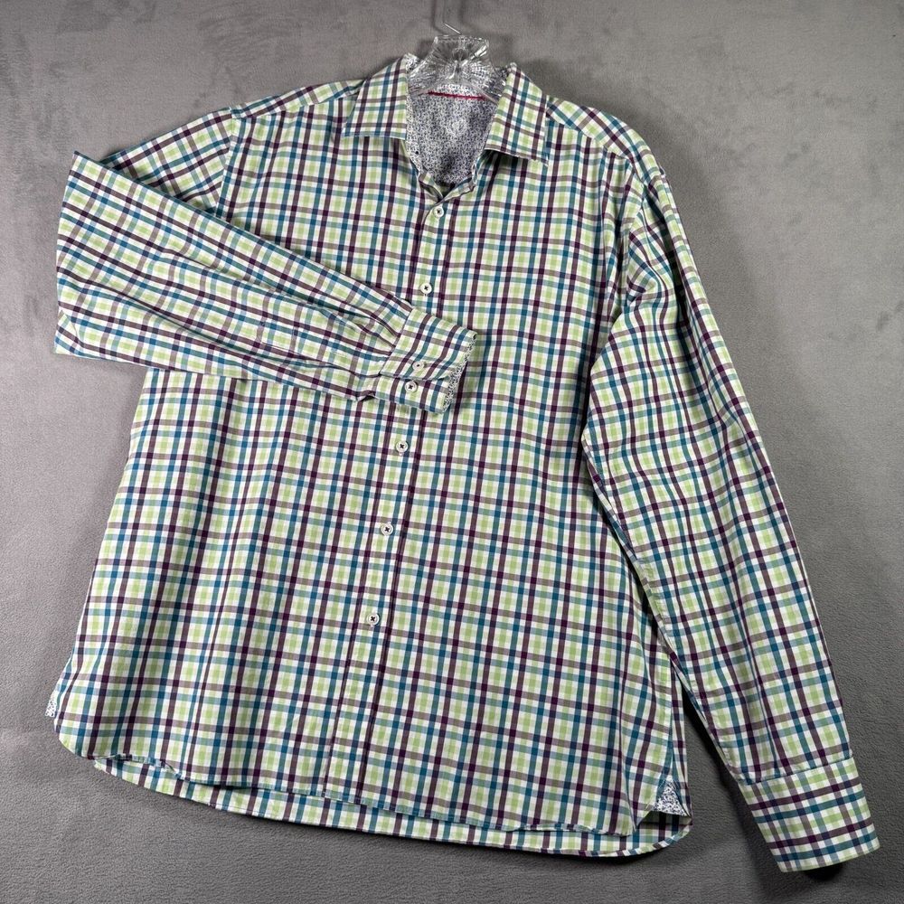 Bugatchi Uomo Shirt Mens L Burgandy Green Plaid Shaped Fit Flip Cuff Long Sleeve